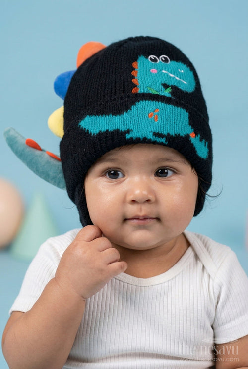The Nesavu Baby Accessories Kids Rib Knit Beanie Cap with Fun Dinosaur Design Nesavu Black / Rib Knit IA002F-8 Nesavu Kids Black Rib Knit Beanie Cap With Dinosaur Design | New Born To 6 Months