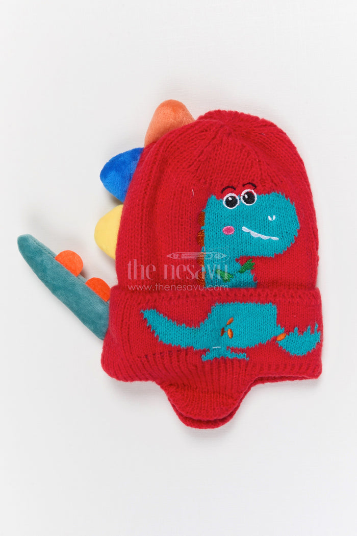 The Nesavu Baby Accessories Kids Rib Knit Beanie Cap with Playful Dinosaur Motif Nesavu Red / Rib Knit IA002C-8 Nesavu Kids Red Rib Knit Beanie Cap With Dinosaur Design | New Born To 6 Months