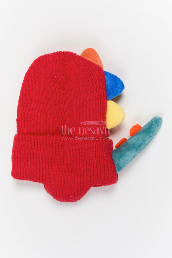 The Nesavu Baby Accessories Kids Rib Knit Beanie Cap with Playful Dinosaur Motif Nesavu Red / Rib Knit IA002C-8 Nesavu Kids Red Rib Knit Beanie Cap With Dinosaur Design | New Born To 6 Months