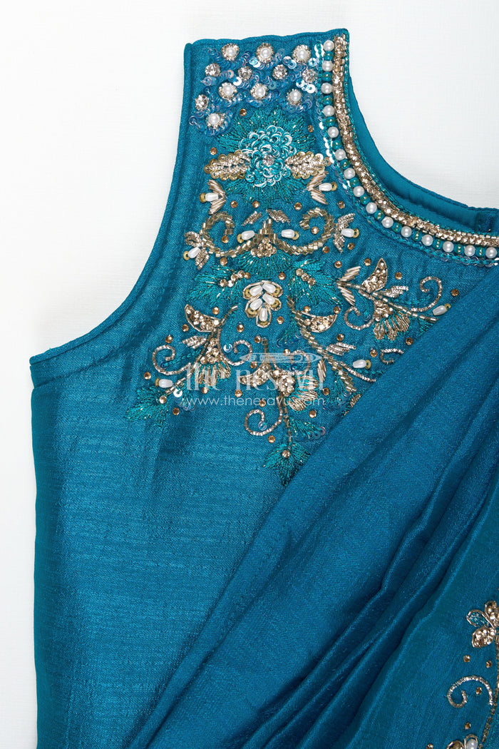 The Nesavu Girls Lehenga Choli Kids Saree Style Lehenga Choli for Family Functions in Teal Georgette with Designer Embroidery Nesavu Nesavu Saree Style Lehenga Choli Girls Teal Georgette Designer Embroidery Functions