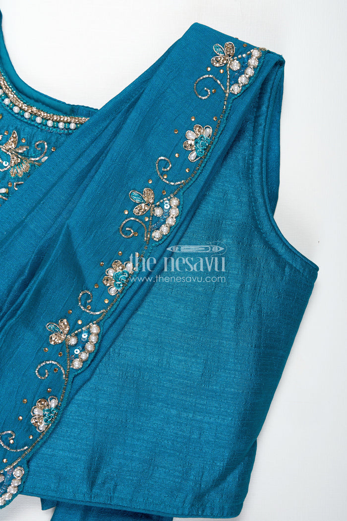 The Nesavu Girls Lehenga Choli Kids Saree Style Lehenga Choli for Family Functions in Teal Georgette with Designer Embroidery Nesavu Nesavu Saree Style Lehenga Choli Girls Teal Georgette Designer Embroidery Functions