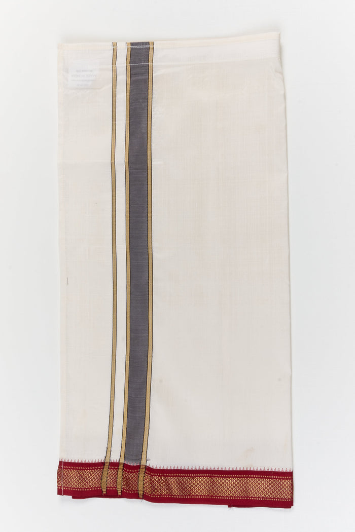The Nesavu Pure Silk Vesti Kids Silk Dhoti with Maroon and Black Border – Festive Wear for Boys Nesavu 20 (3Y) / White / Pure Silk D068B-20 Nesavu kid boys silk dhoti with maroon and black border for traditional occasions