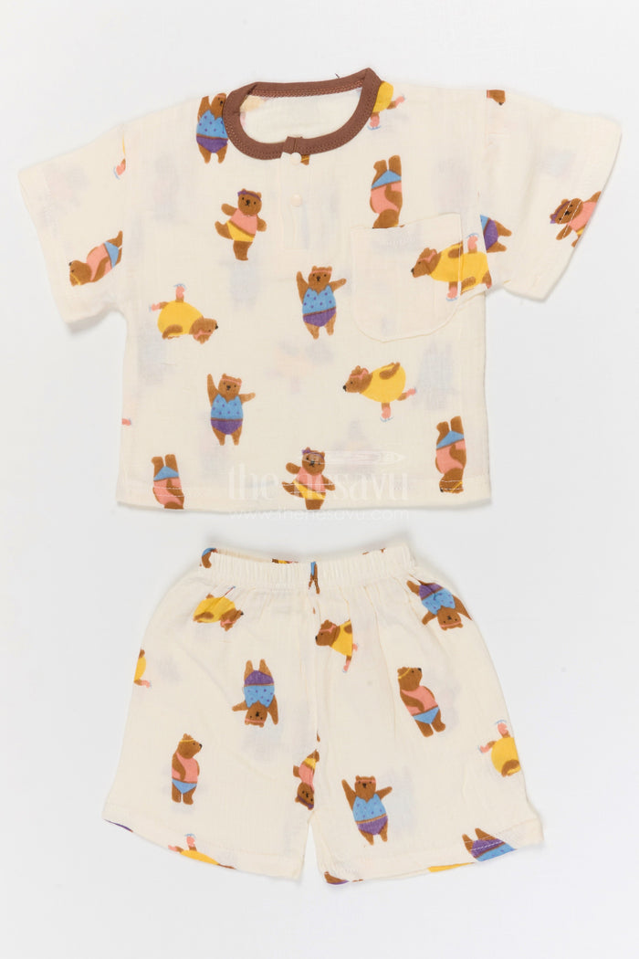 The Nesavu Night Dress Kids Cotton Night Suit with Dancing Bear Print for Bedtime Nesavu 10 (NB) / Multicolor / Muslin Cotton NS060A-10 Nesavu Kids Muslin Cotton Dancing Bear Print Night Suit For Summer Sleepwear
