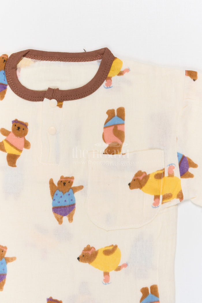The Nesavu Night Dress Kids Cotton Night Suit with Dancing Bear Print for Bedtime Nesavu Nesavu Kids Muslin Cotton Dancing Bear Print Night Suit For Summer Sleepwear