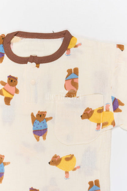 The Nesavu Night Dress Kids Cotton Night Suit with Dancing Bear Print for Bedtime Nesavu Nesavu Kids Muslin Cotton Dancing Bear Print Night Suit For Summer Sleepwear