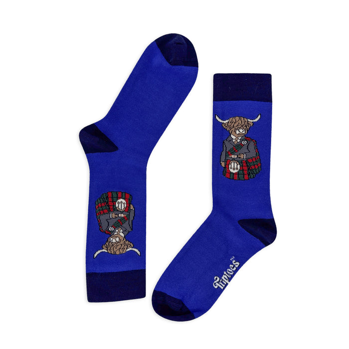 Blue socks with Scottish-themed designs on a white background