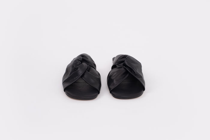 Front shot of black leather womens sandal in larger sizes 8-12
