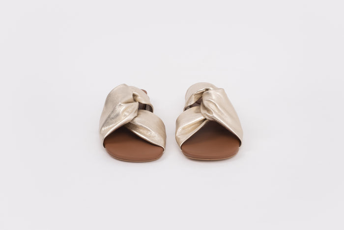 Front shot of gold lip on sandal available in larger womens sizes 42-46