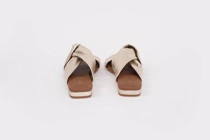 Back shot of gold slip on sandal in gold. Available in larger womens sizes 8-12
