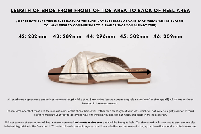 Measurement diagram displaying lengths of womens large size shoes in sizes 42,43,44,45 and 46.