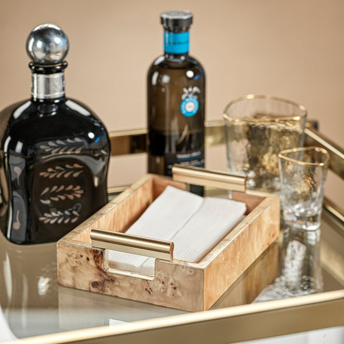 Leiden Burlwood Napkin Tray with Gold Handles - Tray by Carlyle Avenue
