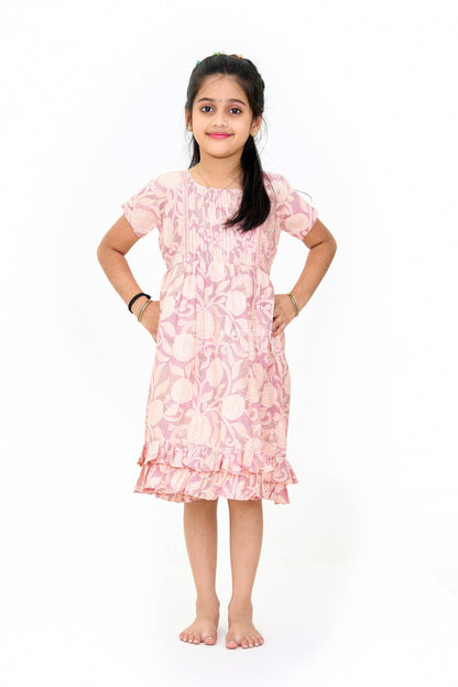 The Nesavu Girls Cotton Frock Lightweight Pink Cotton Summer Frock for Girls with Floral Print and Ruffled Sleeves Nesavu 16 (1Y) / Pink GFC1594A-16 Nesavu Lightweight Pink Cotton Summer Frock Girls Floral Print Ruffled Sleeves