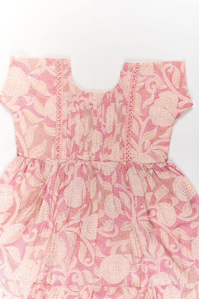 The Nesavu Girls Cotton Frock Lightweight Pink Cotton Summer Frock for Girls with Floral Print and Ruffled Sleeves Nesavu Nesavu Lightweight Pink Cotton Summer Frock Girls Floral Print Ruffled Sleeves