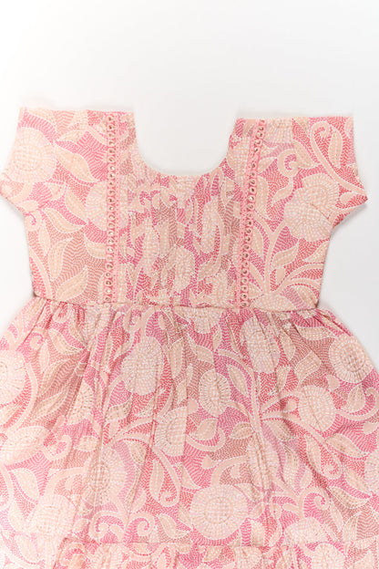 The Nesavu Girls Cotton Frock Lightweight Pink Cotton Summer Frock for Girls with Floral Print and Ruffled Sleeves Nesavu Nesavu Lightweight Pink Cotton Summer Frock Girls Floral Print Ruffled Sleeves