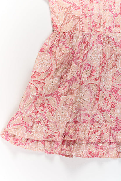 The Nesavu Girls Cotton Frock Lightweight Pink Cotton Summer Frock for Girls with Floral Print and Ruffled Sleeves Nesavu Nesavu Lightweight Pink Cotton Summer Frock Girls Floral Print Ruffled Sleeves