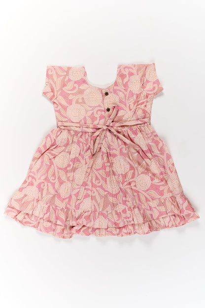 The Nesavu Girls Cotton Frock Lightweight Pink Cotton Summer Frock for Girls with Floral Print and Ruffled Sleeves Nesavu Nesavu Lightweight Pink Cotton Summer Frock Girls Floral Print Ruffled Sleeves