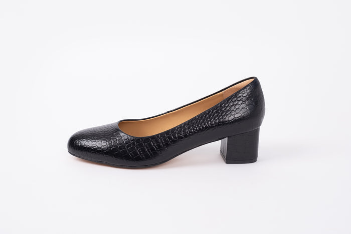 Side profile of Lily court shoe in black croc. A womens heeled shoe available in European sizes 42-46