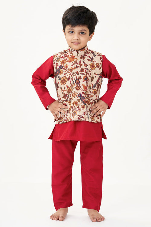 The Nesavu Boys Kurtha Set Magenta Kurta Set for Boys with Silk Blend Digital Print Jacket and Matching Pant Nesavu 14 (6M) / Maroon BES690A-14 Nesavu Magenta Kurta Boys Silk Blend Printed Jacket Traditional Pant Set