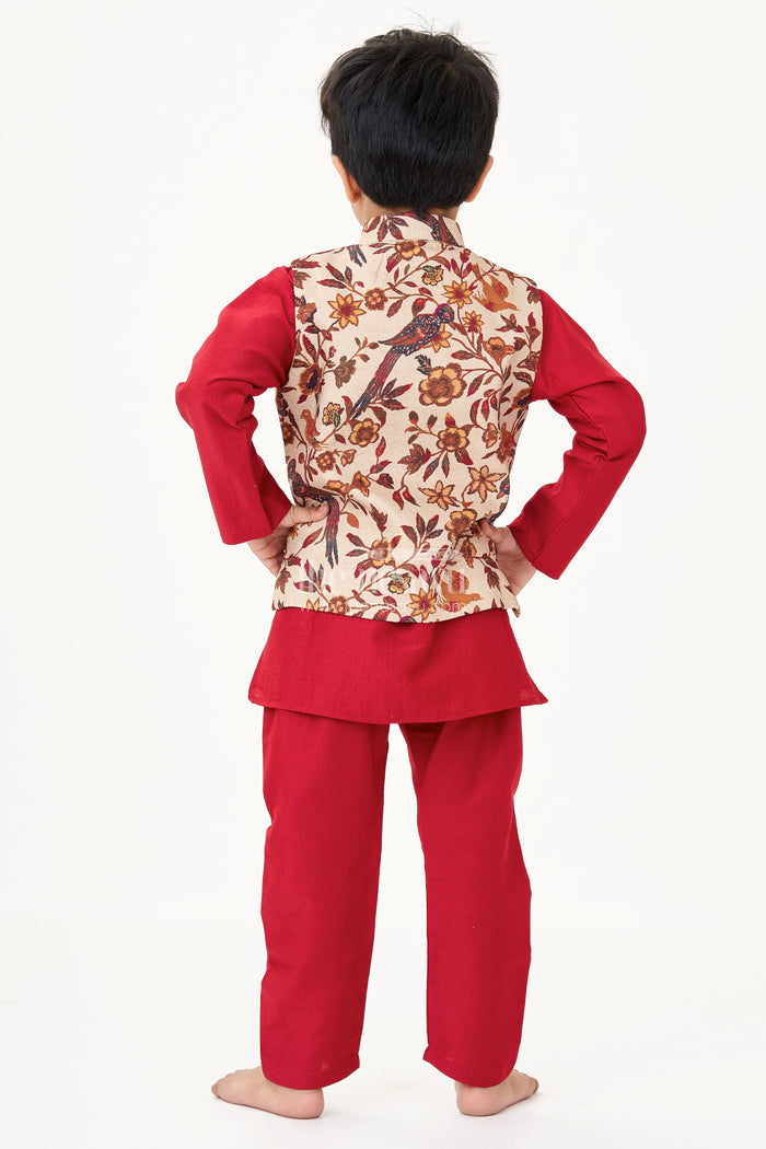 The Nesavu Boys Kurtha Set Magenta Kurta Set for Boys with Silk Blend Digital Print Jacket and Matching Pant Nesavu Nesavu Magenta Kurta Boys Silk Blend Printed Jacket Traditional Pant Set