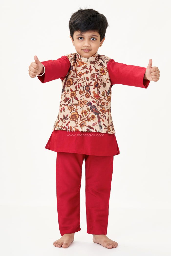 The Nesavu Boys Kurtha Set Magenta Kurta Set for Boys with Silk Blend Digital Print Jacket and Matching Pant Nesavu Magenta Kurta Boys Silk Blend Printed Jacket Traditional Pant Set | The Nesavu