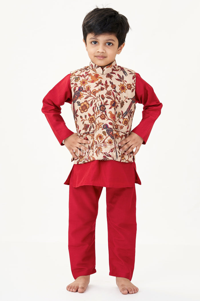 The Nesavu Boys Kurtha Set Magenta Kurta Set for Boys with Silk Blend Digital Print Jacket and Matching Pant Nesavu Magenta Kurta Boys Silk Blend Printed Jacket Traditional Pant Set | The Nesavu