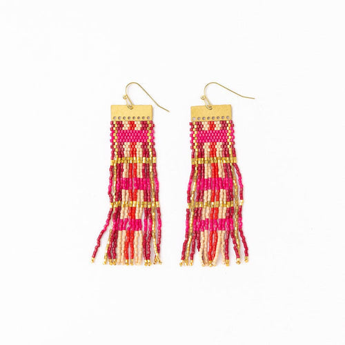Mckenzie Brass Bar Long Fringe Earrings Hot Pink + Gold