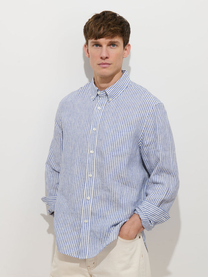 Mill Dress Shirt in Linen Stripe - Blue / White