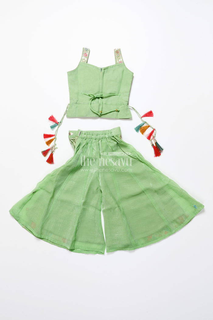 The Nesavu Girls Sharara / Plazo Set Mirror Embroidered Green Sharara Set with Colorful Tassels Nesavu Nesavu mirror embroidered georgette sharara set  girls festive ethnic wear