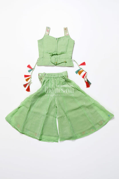 The Nesavu Girls Sharara / Plazo Set Mirror Embroidered Green Sharara Set with Colorful Tassels Nesavu Nesavu mirror embroidered georgette sharara set  girls festive ethnic wear