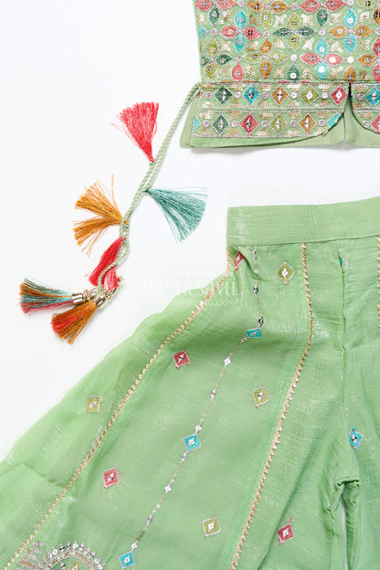 The Nesavu Girls Sharara / Plazo Set Mirror Embroidered Green Sharara Set with Colorful Tassels Nesavu Nesavu mirror embroidered georgette sharara set  girls festive ethnic wear
