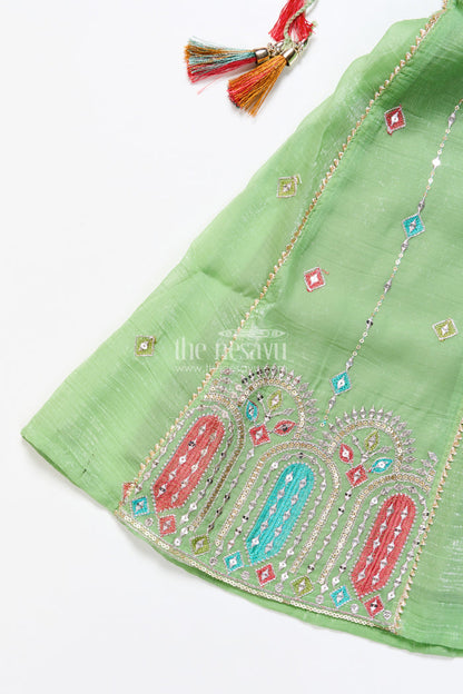 The Nesavu Girls Sharara / Plazo Set Mirror Embroidered Green Sharara Set with Colorful Tassels Nesavu Nesavu mirror embroidered georgette sharara set  girls festive ethnic wear