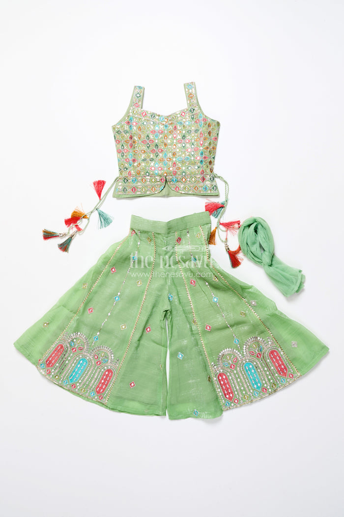The Nesavu Girls Sharara / Plazo Set Mirror Embroidered Green Sharara Set with Colorful Tassels Nesavu Nesavu mirror embroidered georgette sharara set  girls festive ethnic wear