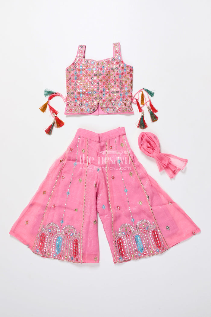 The Nesavu Girls Sharara / Plazo Set Mirror Embroidered Pink Sharara Set with Playful Tassels Nesavu Nesavu pink mirror embroidered sharara set  girls ethnic party wear