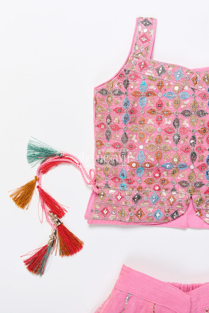 The Nesavu Girls Sharara / Plazo Set Mirror Embroidered Pink Sharara Set with Playful Tassels Nesavu Nesavu pink mirror embroidered sharara set  girls ethnic party wear