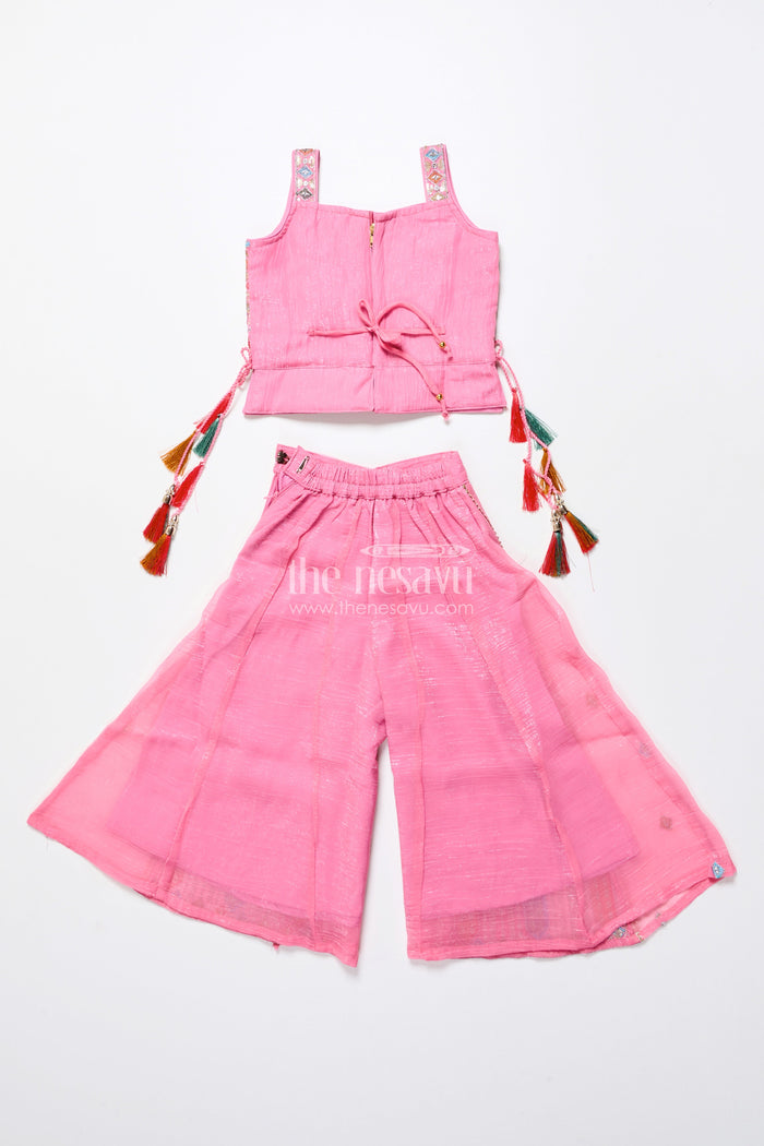 The Nesavu Girls Sharara / Plazo Set Mirror Embroidered Pink Sharara Set with Playful Tassels Nesavu Nesavu pink mirror embroidered sharara set  girls ethnic party wear
