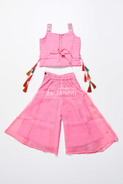 The Nesavu Girls Sharara / Plazo Set Mirror Embroidered Pink Sharara Set with Playful Tassels Nesavu Nesavu pink mirror embroidered sharara set  girls ethnic party wear
