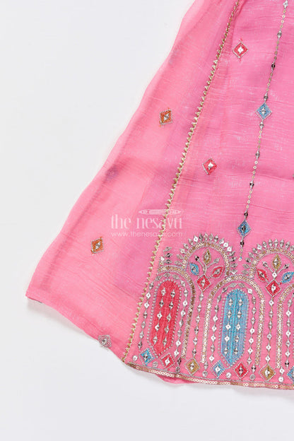 The Nesavu Girls Sharara / Plazo Set Mirror Embroidered Pink Sharara Set with Playful Tassels Nesavu Nesavu pink mirror embroidered sharara set  girls ethnic party wear