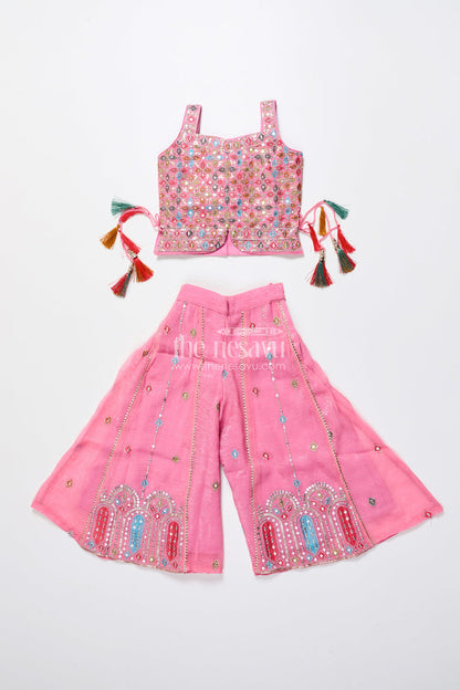 The Nesavu Girls Sharara / Plazo Set Mirror Embroidered Pink Sharara Set with Playful Tassels Nesavu Nesavu pink mirror embroidered sharara set  girls ethnic party wear