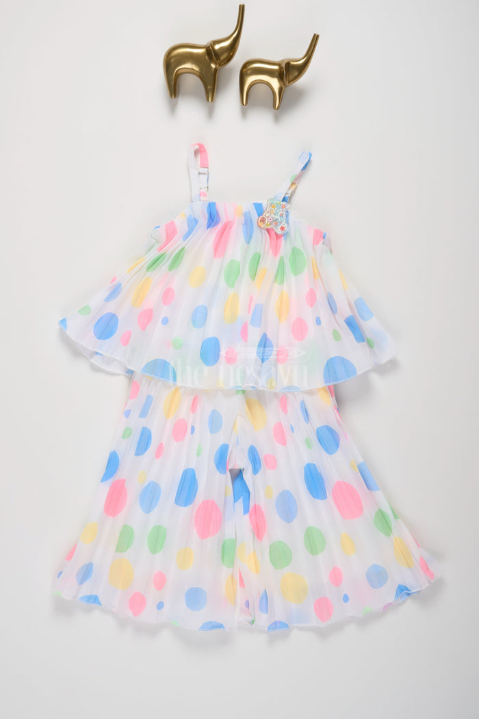 The Nesavu Girls Jumpsuit Multicolor Polka Dot Girls Jumpsuit with Pleated Design and Spaghetti Straps for Casual Outings Nesavu 16 (1Y) / multicolor BFJ654A-16 Nesavu Multicolor Polka Dot Girls Jumpsuit Pleated Design Floral Embellishment