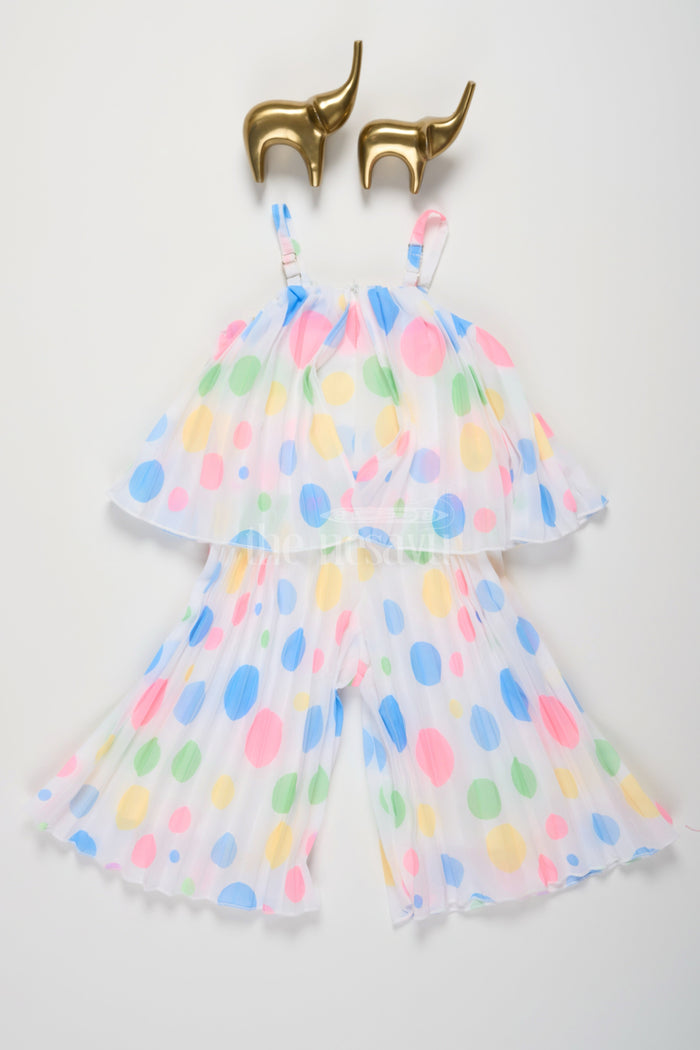 The Nesavu Girls Jumpsuit Multicolor Polka Dot Girls Jumpsuit with Pleated Design and Spaghetti Straps for Casual Outings Nesavu Nesavu Multicolor Polka Dot Girls Jumpsuit Pleated Design Floral Embellishment