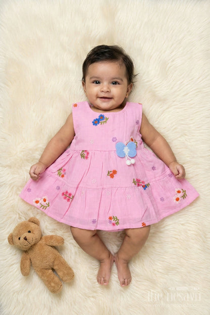 The Nesavu Baby Cotton Frocks Muslin Cotton Frock for Baby Girl’s Playdates and Summer Wear Nesavu 14 (6M) / Pink / Cotton Blend BFJ910A-14 Nesavu muslin cotton frock with embroidery and butterfly patch for baby girl’s casual summer days