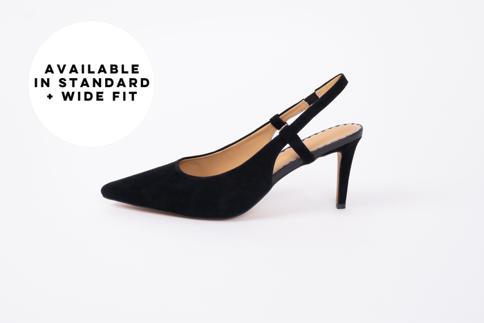 Black suede woman's large sized slingback heel available in sizes 42 43 44 45 46, standard and wide fit.