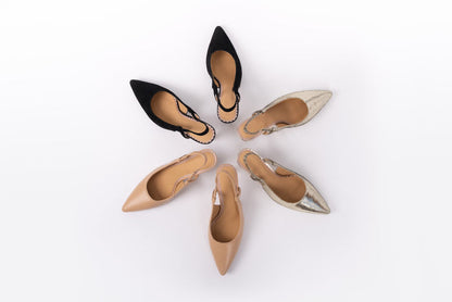 Aerial view of Myah sling backs in all 3 colours, beige, black and gold. Available in womens UK sizes 8-12