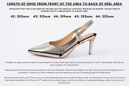 Measurement diagram displaying lengths of womens large size shoes in sizes 42,43,44,45 and 46.