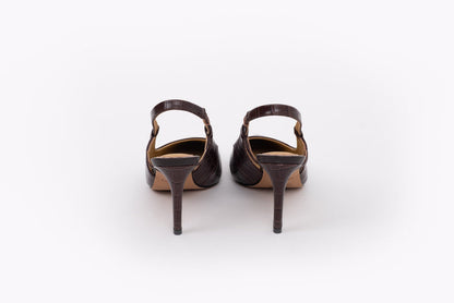 Back shot brown leather stiletto heeled slingback womens large sized shoe in sizes 42-46 standard and wide fit