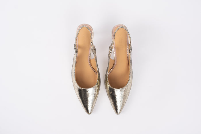 Aerial view of Gold Myah Slingbacks. Stylish womens heel available in Large UK Sizes 8-12