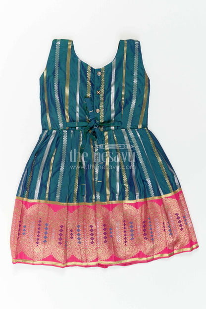 The Nesavu Girls Kanchi Silk Frock Nesavu Baby Girl Kanchi Silk Frock with Woven Stripes and Big Border for Festive Weddings Nesavu Nesavu Baby Girl Kanchi Silk Frock With Woven Stripes And Big Border For Festive Weddings
