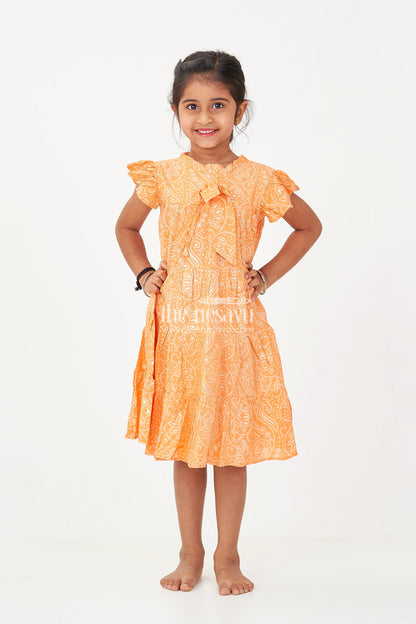 The Nesavu Girls Cotton Frock Nesavu Casual Cotton Frocks for Girls in Rayon with Orange Bandhani Print and Gold Foil Details Nesavu 18 (2Y) / Orange GFC1698B-18 Casual Cotton Frocks Girls Rayon Orange Bandhani Print Gold Foil Details | The Nesavu