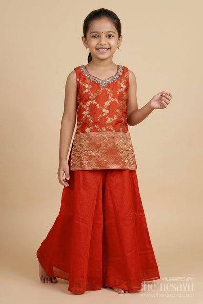 The Nesavu Girls Sharara / Plazo Set Nesavu Girls Plazo Set with Traditional Woven Yoke and Dupatta – Ideal for Weddings, Pujas, and Festive Events Nesavu 18 (2Y) / Orange / Georgette GPS958A-18 Nesavu girls plazo set with traditional woven yoke and dupatta – ideal for weddings, pujas, and festive events