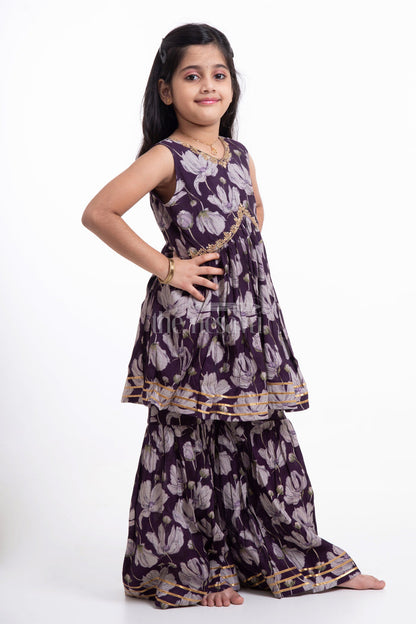 The Nesavu Girls Sharara / Plazo Set Nesavu Modal Silk Printed Sleeveless Sharara Set for Girls Navratri Festive Wear Nesavu Nesavu Modal Silk Sleeveless Sharara Set for Girls | Navratri Festive Wear